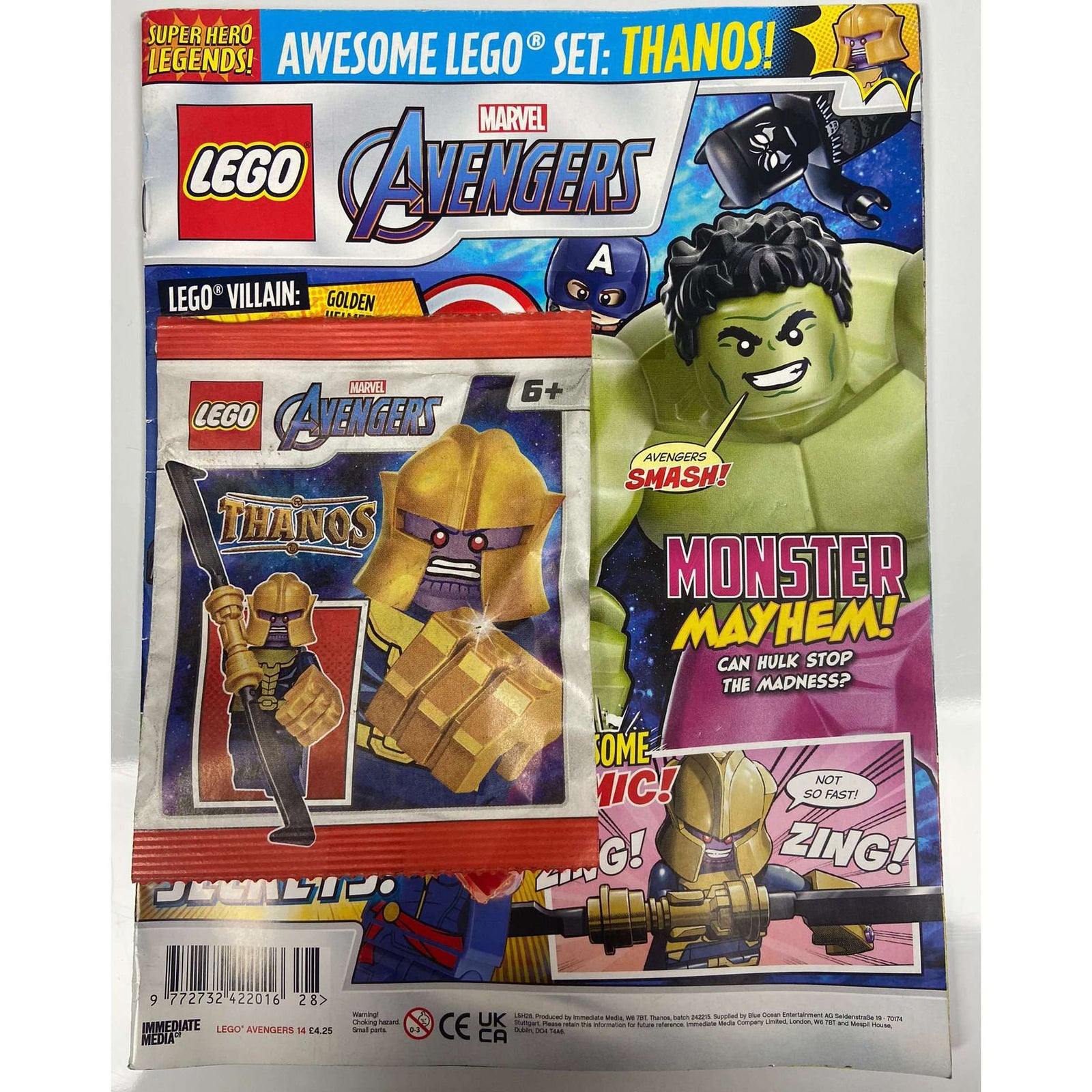 Cover of LEGO Super Hero Legends Avengers magazine issue 14 with its sealed Thanos minifigure foil pack, LEGO set 242215