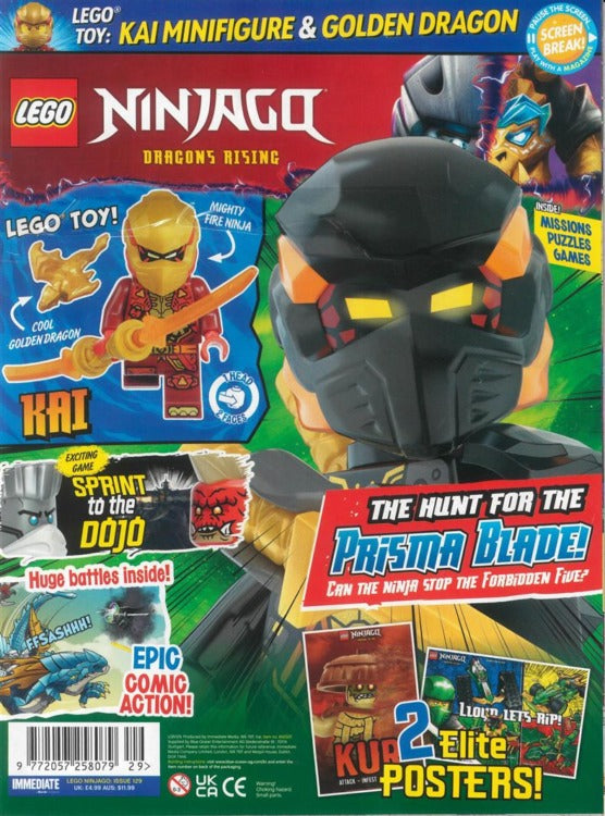 Cover of LEGO Ninjago Magazine Issue 129 with the Kai with Golden Dragon paper bag attached
